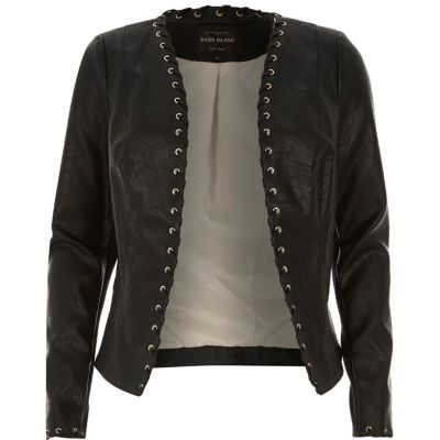 Black leather-look whipstitch jacket